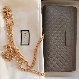 Gucci Taupe Embossed GG Leather Wallet with Gold Chain